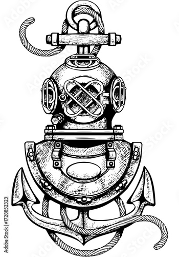 Vintage diving helmet intricately detailed with a classic anchor and rope, evoking maritime adventure and exploration