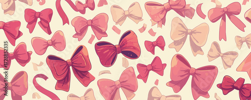 A vibrant assortment of bows in different styles and shades of pink scattered across a light backdrop. Perfect for craft projects or festive occasions.