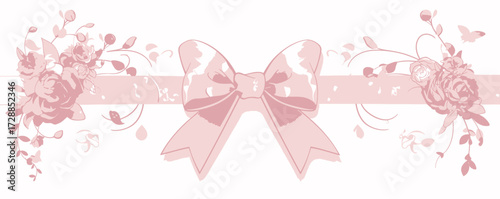 Delicate pink bow with floral elements creates a charming decoration for events. The soft colors and intricate details enhance any festive atmosphere.