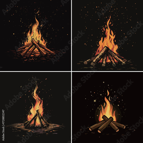 These campfire scenes capture the vibrant flames dancing above the logs, showcasing the warmth and light of a fire. It highlights moments of relaxation and camaraderie.
