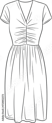 V-neck dress technical sketch, ruched bodice pleated skirt fashion flat, short sleeve design, cad drawing flat vector illustration, sewing pattern