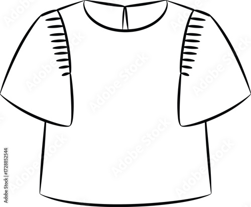 Women’s short sleeve blouse with pleated shoulder detail, flat fashion sketch, CAD drawing, vector clothing design, technical illustration