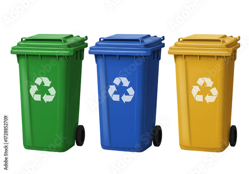 Three colorful recycling bins with recycling symbols isolated on transparent background