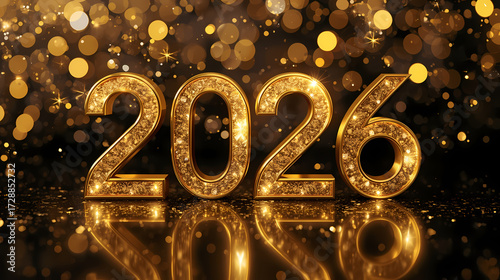 2026 Happy New Year celebration with shiny golden numbers, sparkling lights, confetti, and elegant festive background in luxury holiday style and glamour.