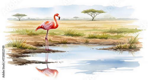 Elegant Flamingo in Serene African Savanna Wetland Watercolor
