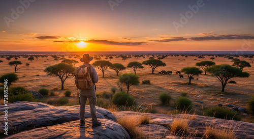 Solo Explorer Gazing at a Golden African Sunset