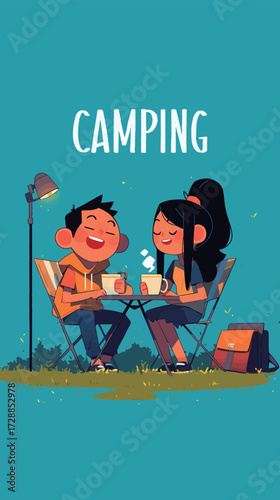 Two friends sit at a table enjoying warm drinks while camping. The evening sky is bright blue, and a lamp casts a warm glow on the scene.