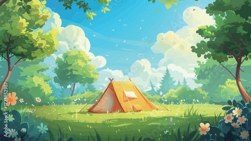 A cozy yellow tent sits on green grass, surrounded by colorful flowers and tall trees under a clear blue sky. It is a peaceful campsite, perfect for relaxation.