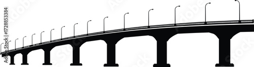 Bridge silhouette, multi span design, civil engineering, structural landmark, vector illustration, elevated roadway, piers, arches, streetlights, infrastructure, architecture, 