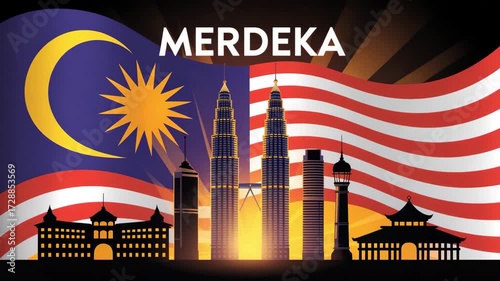 Malaysia Merdeka celebration skyline silhouette with national flag and iconic landmarks