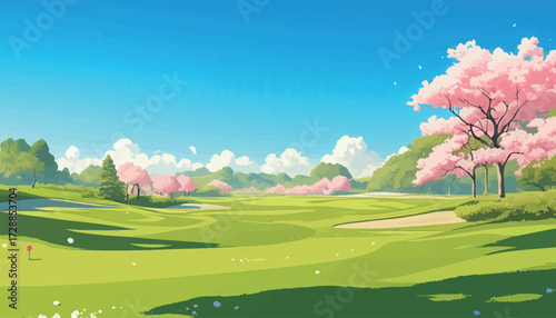 A tranquil golf course scene on a bright spring day features lush green grass and cherry trees in full bloom under clear blue skies, inviting relaxation and play.