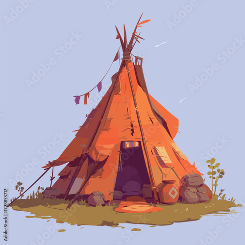 A bright orange tent stands in a lush green area. The scene features a clear blue sky and warm sunlight, giving a cheerful ambiance to the outdoor setting.