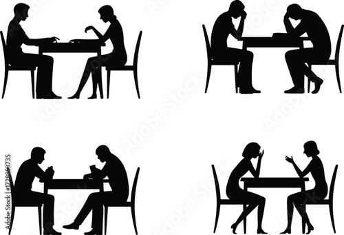  Silhouette illustration of people sitting at table, talking, thinking, using phone, different conversation and communication poses, social interaction concept, vector design
