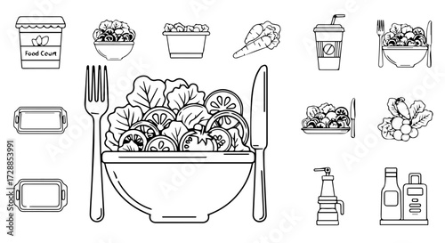 Collection of monochrome food icons, including a fresh vegetable salad, fork, knife, and take-away items for restaurant or cafe design