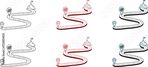 A hand-drawn vector set illustrating the winding journey to success, featuring a detailed roadmap from a starting pin to a mountain peak goal with a red flag.