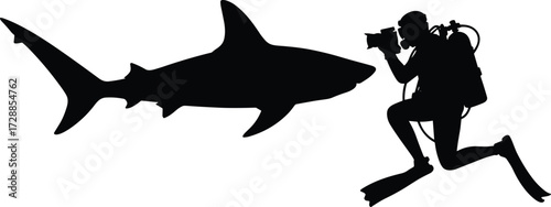 Silhouette illustration of scuba diver underwater photographing shark, marine life exploration concept, 