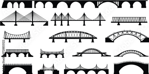 bridge, silhouette, suspension, cable, stayed, arch, truss, beam, span, tower, pier, deck, road, skyline, landmark, vector, design, structure, architecture, engineering, 