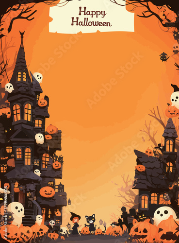 A festive Halloween scene features haunted houses, pumpkins, and playful ghosts. A witch and a black cat appear among the decorations, set against an orange sky.