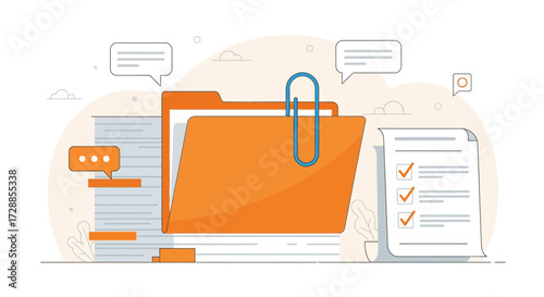 An illustration of an orange file folder with a paperclip, surrounded by stacks of documents, a checklist, and communication icons, representing organization and paperwork.