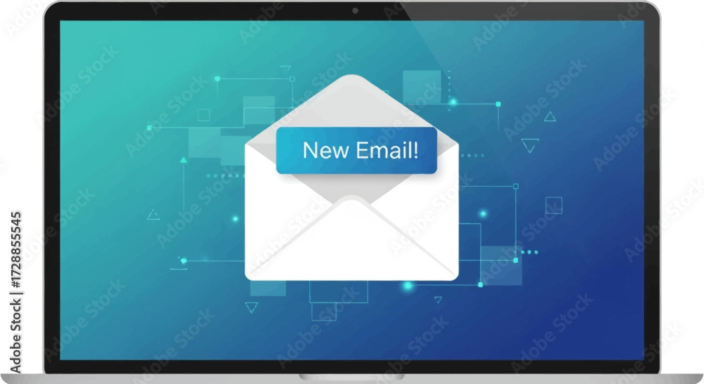 Fototapeta premium Laptop screen displaying a new email notification with an open envelope icon on a blue gradient background.