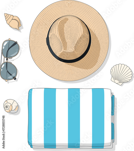 Summer Hat with Sunglasses and Beach Towel Vacation Vector 2