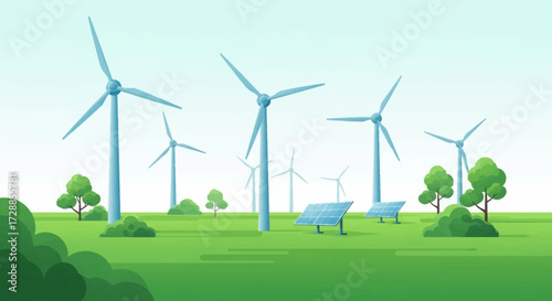 A serene landscape featuring multiple wind turbines and solar panels amidst lush green fields and trees, symbolizing renewable energy.