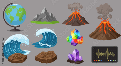 A collection of geology and earth science illustrations on a gray background
