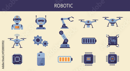 A collection of robotic and technologyrelated icons against a pale yellow background