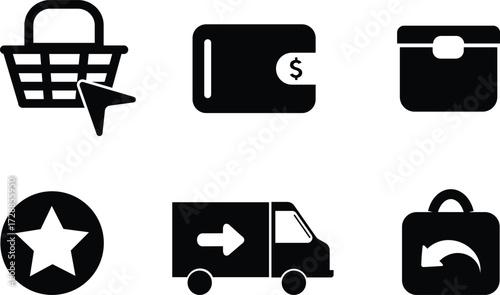E-commerce icon set in flat vector style, featuring shopping cart, wallet, package, favorite star, delivery truck, and return box.