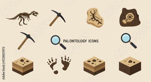 A collection of twelve paleontologythemed icons arranged in a grid on a light background