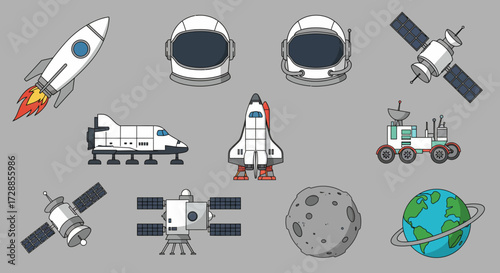 A collection of stylized vector icons depicting space travel elements on a gray background