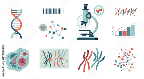 Collection of eight flatstyle scientific and data visualization icons on a white background
