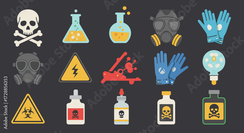 Collection of flat icons representing hazardous materials and safety equipment