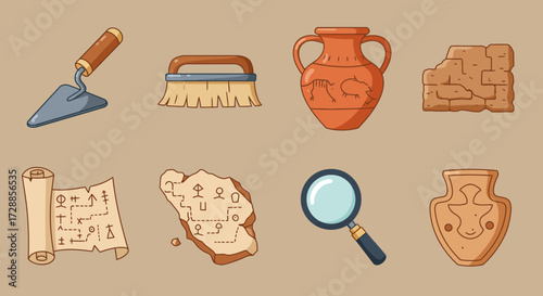 Eight cartoon icons depicting archaeology tools and artifacts on a tan background