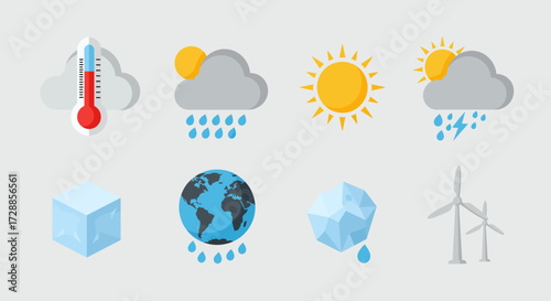Eight flatdesign climate and weather icons arranged in two rows