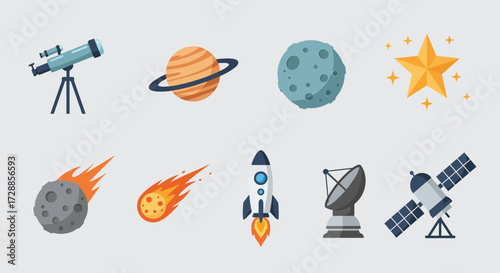 Eight flatdesign space icons arranged in two rows against a light background