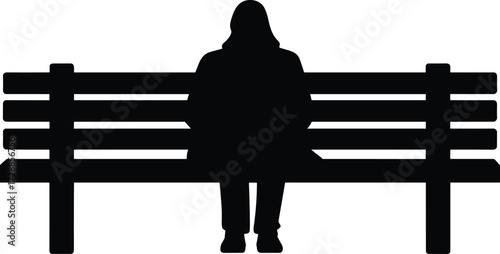 Silhouette of a lonely person sitting on wooden park bench, isolated on white background, concept of solitude, waiting, reflection, urban lifestyle design