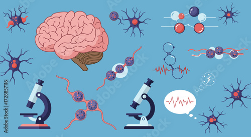 Neuroscience illustration featuring a brain neurons microscopes molecules and brainwave signals