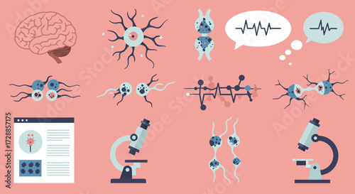 Pink background illustration depicting brain neurons electrical signals and lab equipment