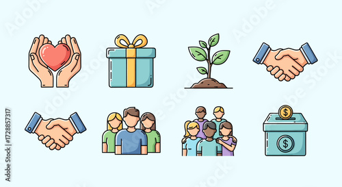 A collection of colorful line icons representing charity, community, growth, and support concepts.