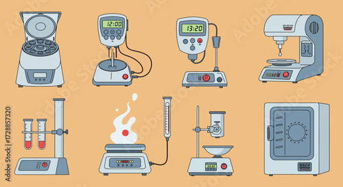 Row of eight pieces of laboratory equipment against a solid orange background