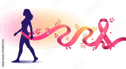Silhouette of a woman walking with a pink ribbon, symbolizing breast cancer awareness and support.