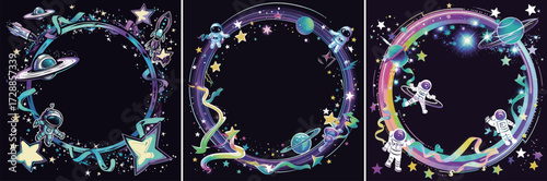 Three colorful circles showcase astronauts floating among vibrant planets and stars. Each design features unique patterns and lively elements, creating a fun cosmic vibe.