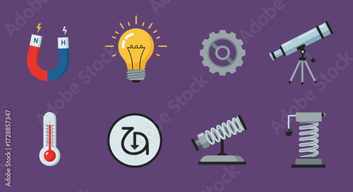 Science icons including a magnet lightbulb gear telescope thermometer loop and spring apparatus
