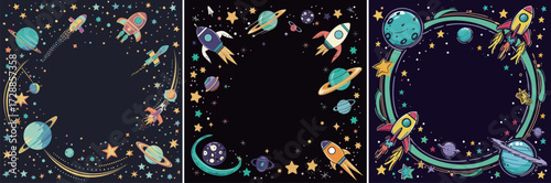 Brightly colored rockets and planets fill a playful space-themed design perfect for childrens activities. Stars, moons, and colorful planets create an imaginative backdrop.