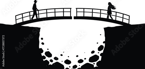 Broken bridge silhouette, people separated, emotional distance, relationship gap, symbolic illustration, vector design, disconnection, conflict, separation, dramatic scene, metaphor, 