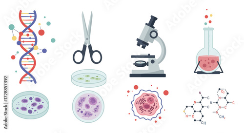 Scientific icons depicting DNA scissors petri dishes microscope flask cell and chemical structure