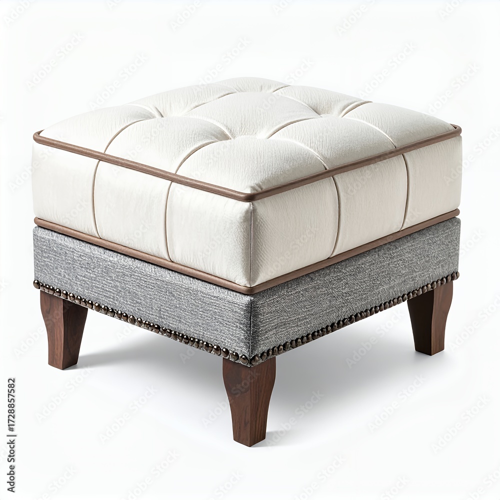Fototapeta premium Elegant tufted ottoman showcasing refined craftsmanship and neutral color palette white background