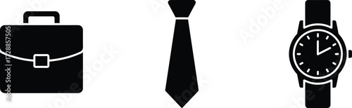 Business icons illustration, briefcase symbol, necktie design, wristwatch icon, professional work concept, corporate identity, office tools, punctuality, time management, icons 