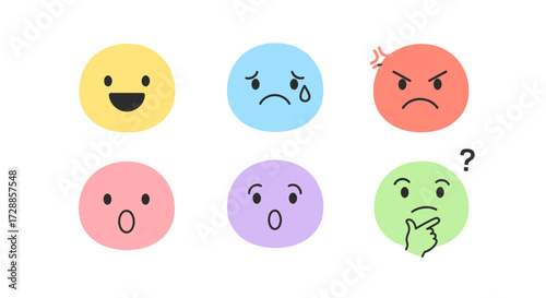A collection of six colorful emoji faces, each representing a different emotion and expression.
